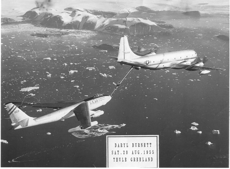 A photo of two airplanes, with a caption that reads, "Daryl Burnett, Sat. 20 Aug. 1955, Thule Greeland.